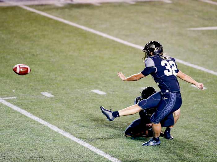 Sarah Fuller kicks an extra point for Vanderbilt’s football team